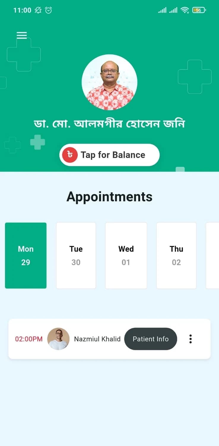 DocBee doctor app home screen: balance and the day's appointments