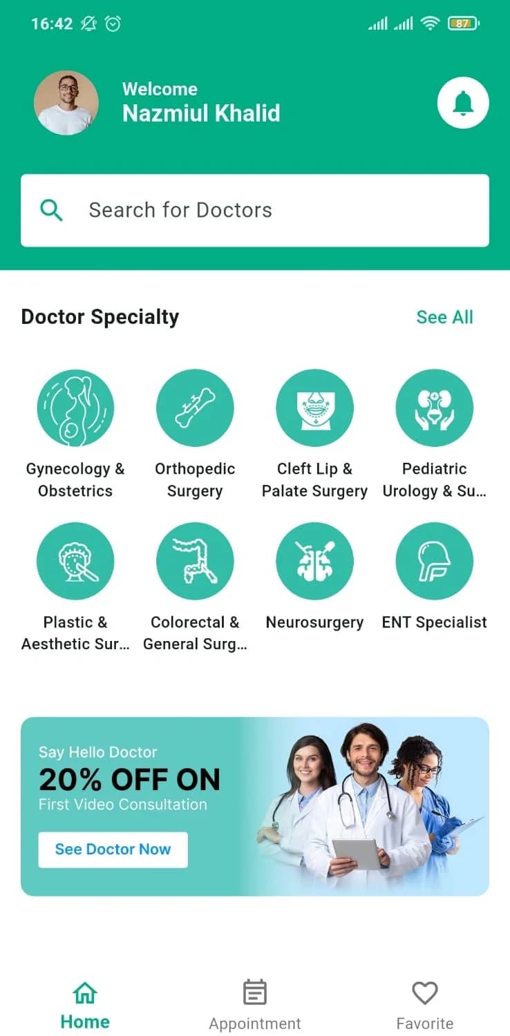 DocBee patient app home screen: doctor search and speciality tiles